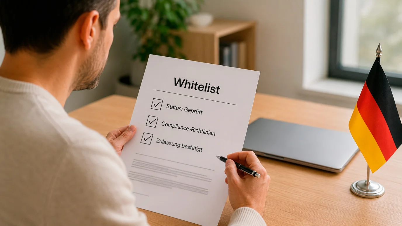 Person prüft am Schreibtisch Dokumente zur GGL-Whitelist legaler Ligue-1-Wettanbieter in Deutschland.