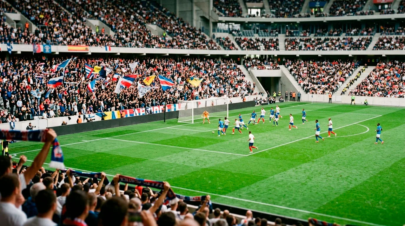 Volles Ligue-1-Stadion in Frankreich während eines Spiels — Rasenfeld und Fußballpublikum als Heimfaktor.