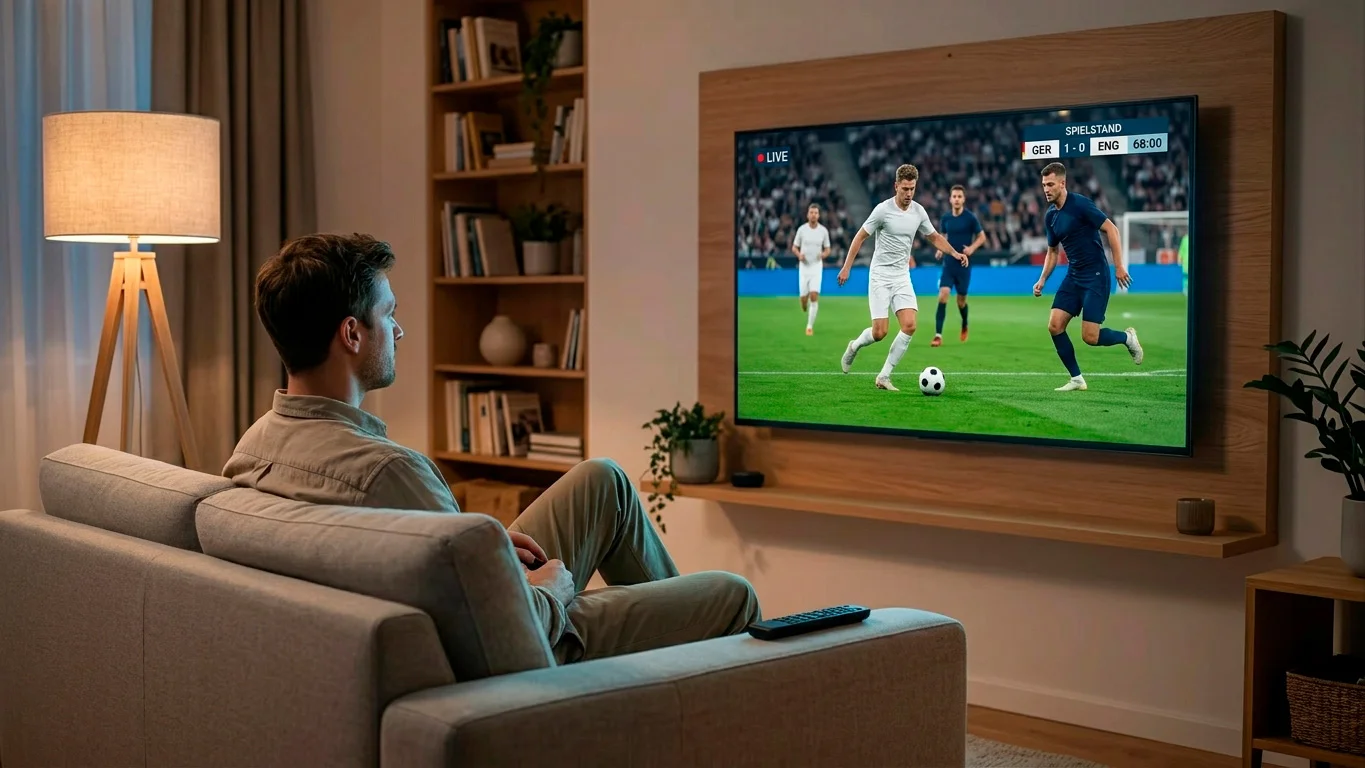 Person verfolgt ein Ligue-1-Fußballspiel über einen TV-Stream in Deutschland für mögliche Live-Wetten.